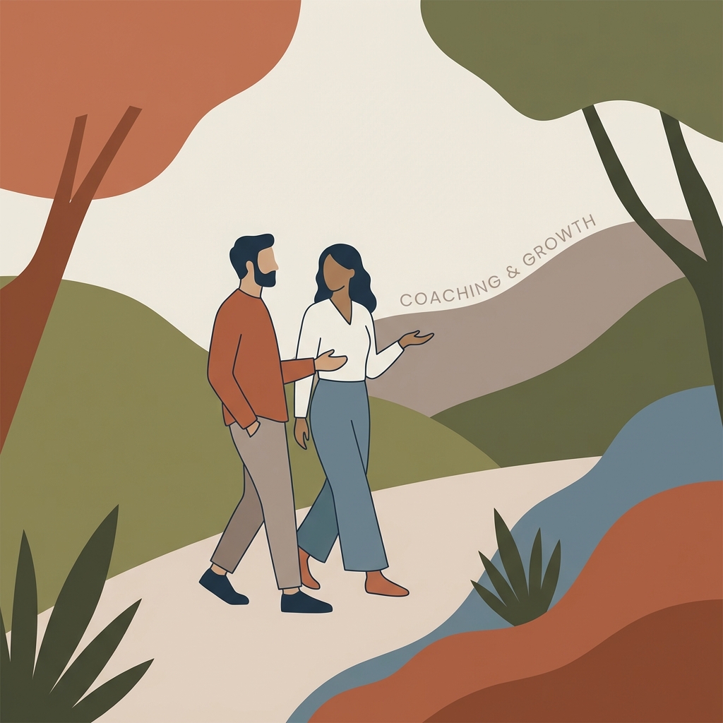 Illustration of coach and client walking side by side